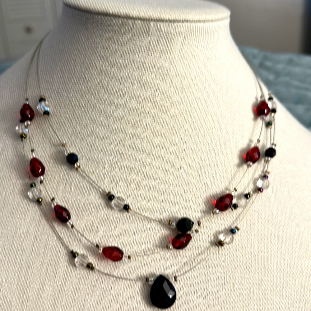 Women 19 inches long Necklace with black and burgundy and crystal clear stones